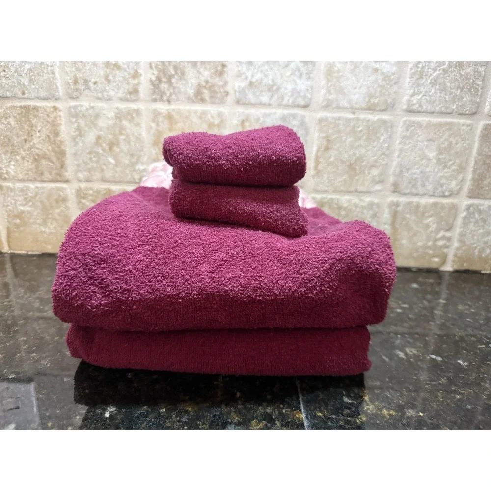 Vintage Cannon Towels Set Burgundy Pink Maroon Satin Lace Trim Bathroom‎ Linens